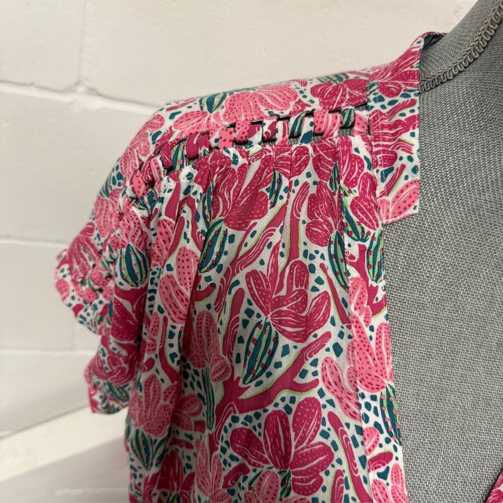 Poupette St Barth Becky Pink Kaktus Print Button Front Short Sleeve Maxi Dress - Picture 4 of 14